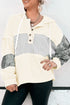 Waffle Knit Stripe Patchwork Henley Drawstring Hood Drop Shoulder Long Sleeve Top